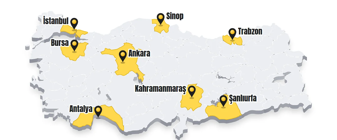 Axé Capoeira Türkiye temsilcilikleri haritası: İstanbul, Bursa, Ankara, Sinop, Trabzon, Antalya, Kahramanmaraş, Şanlıurfa